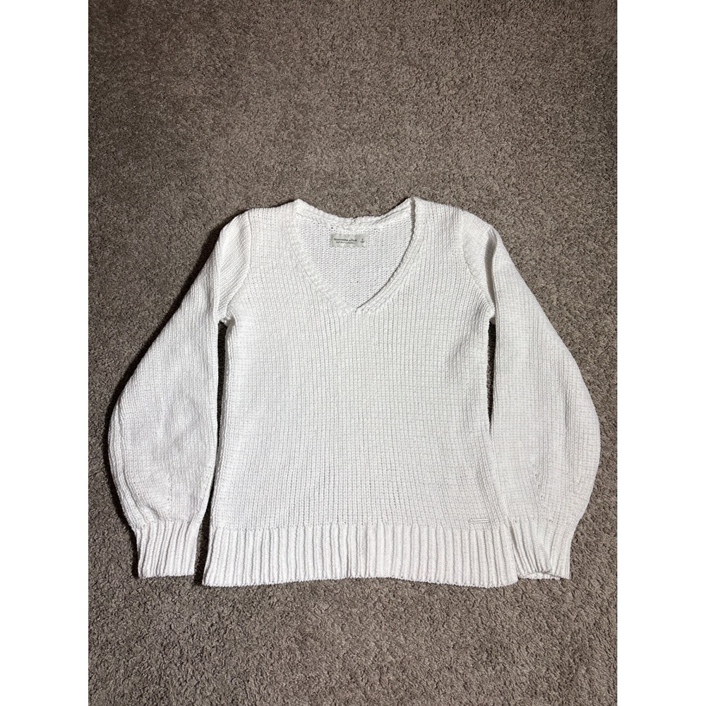 Abercrombie & Fitch White V-Neck Chenille Knit Sweater Soft A&F Collection Small